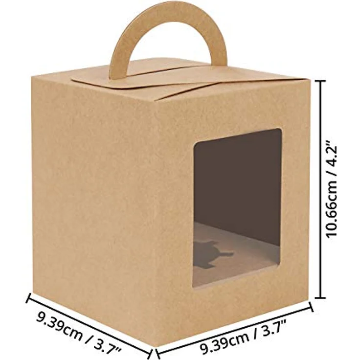 BELLE VOUS Gebäckdose aus Kraftpapier, braun, mit Fenster und Griff (50 Stück) – 9,39 x 9,39 x 10,66 cm – transparente und Einweg-Kuchenbox – Kekse, Cupcakes, Desserts und Torten – Bild 2