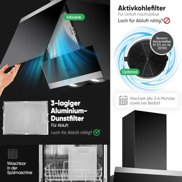 Bomann® Dunstabzugshaube 60cm DU 7610 G schwarz | Kraftvolle 326 m³/h Abluftleistung | Umluft und Abluft | leise Betrieb | einfache Montage | warmweiße LED-Beleuchtung – Bild 3