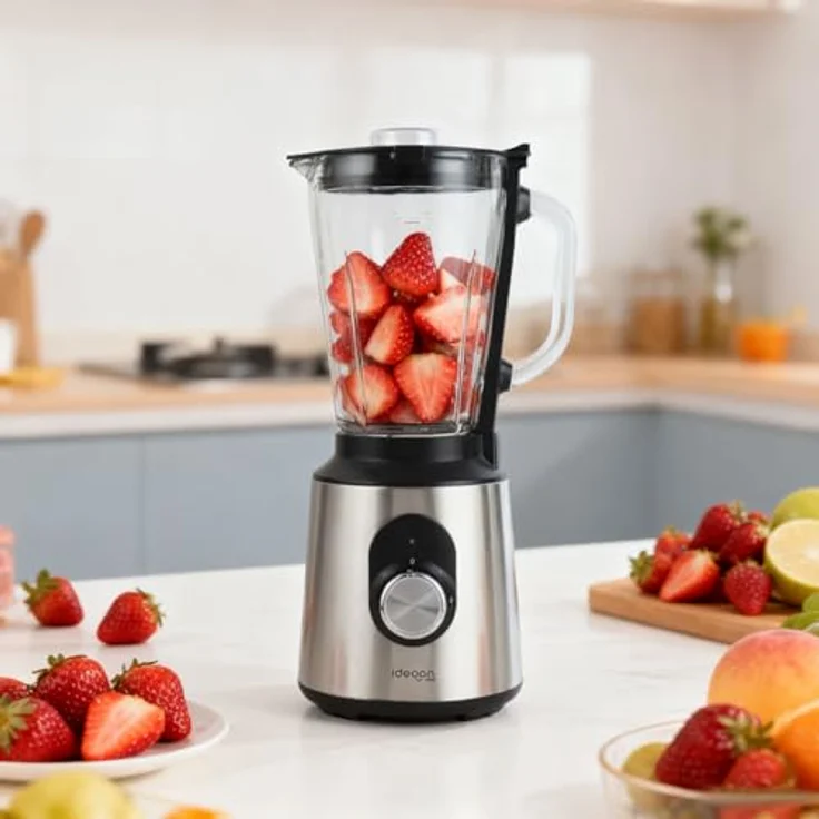 shop'n smile ideoon Standmixer Edelstahl 1000W mit 1,5L Glasbehälter, 2 Geschwindigkeitsstufen + Pulse, rutschfest, spülmaschinenfest, Silber/Schwarz – Bild 8