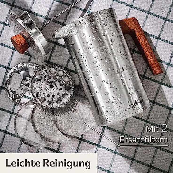 Cosumy French Press aus Edelstahl und FSC Holz - 1 Liter - Doppelwandige Thermo Isolierung - Große Kaffebereiter mit 2 Ersatzfiltern – Bild 5