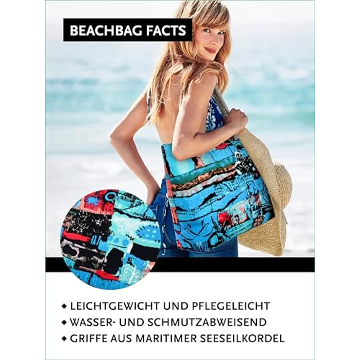 DonDon Strandtasche XXL mit Reißverschluss, praktische Shopper Tasche Damen, Badetasche für Strand und Meer mit praktischer Mini Tasche im Abstract Art Design – Bild 4