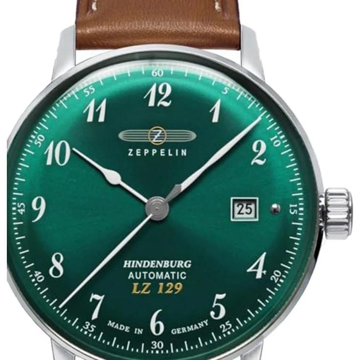 Zeppelin 8056-4 Hindenburg Automatik Herrenuhr, Edelstahl Silberfarben, Grünes Zifferblatt, Lederband Braun, 5 ATM wasserdicht – Bild 2