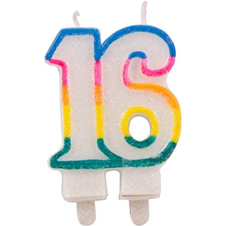 Folat 22890 – Glitzerkuchenkerze Regenbogen mit Halterung – Zahl 16 – ca. 9 x 6 x 1,5 cm