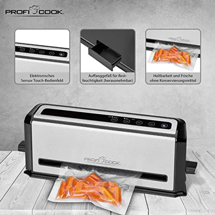 Profi Cook PC-VK 1133 Edelstahl-Vakuumiergerät, Lebensmittel bleiben vakuumiert bis zu 8x länger frisch, Elektronisches Sensor Touch-Bedienfeld – Bild 4
