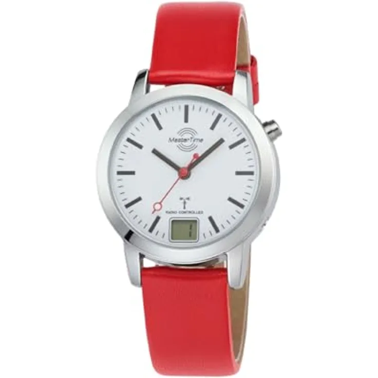 Master Time MTLA-10918-11L, Funk Quarz Damen Uhr Analog mit digitalem Datum und rotem Lederarmband