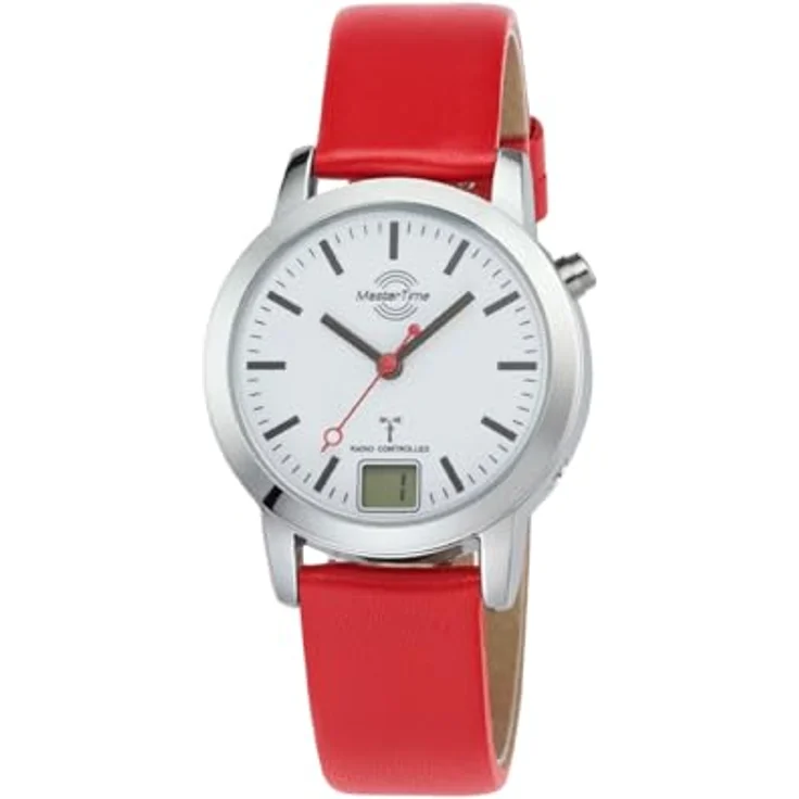 Master Time MTLA-10918-11L, Funk Quarz Damen Uhr Analog mit digitalem Datum und rotem Lederarmband – Bild 1
