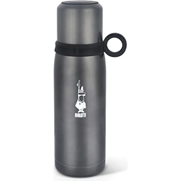 Bialetti TZ Ml. 460 To Go Thermoflasche mit Deckelbecher (doppelwandig), hält 12 h heiß und 24 h kalt, 460 ml Fassungsvermögen, Stahl, Dunkelgrau