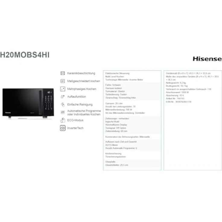 Hisense H20MOBS4I Mikrowelle, 20 l, Schwarz, Inverter Technologie, 1050 W, LED-Display, 10 Leistungsstufen – Bild 11