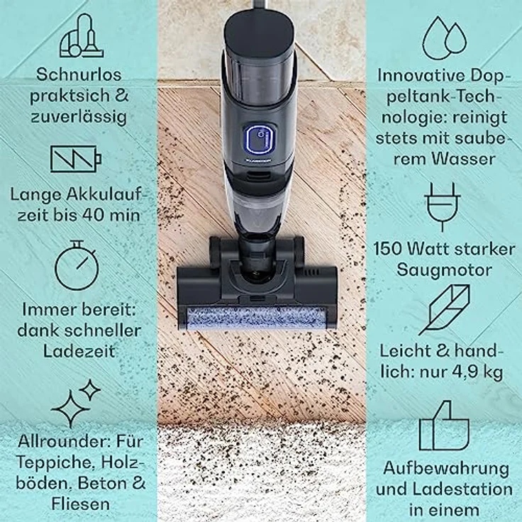 Klarstein Akku Staubsauger Kabellos, Stab-Staubsauger ohne Beutel mit Ladestation, Kabelloser Akku-Staubsauger für Teppich- und Hartböden, 40 Min. Akku, Selbstreinigend, Nass- und Trockensauger – Bild 2