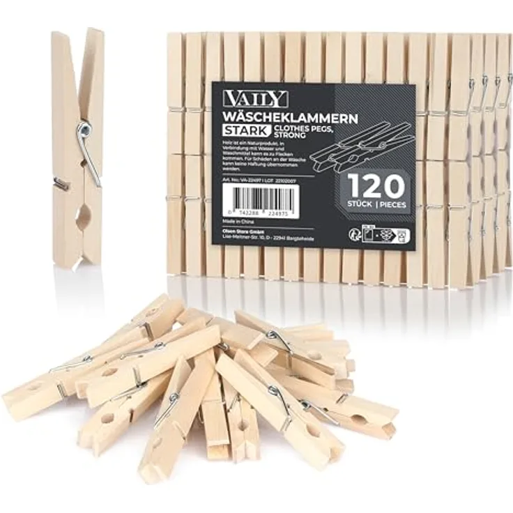 Vaily Wäscheklammern aus Holz, 120 Stück, mit kräftiger Metallfeder, wetterfest und biologisch abbaubar, für Wäscheleine, Wäscheständer, Basteln und Dekoration