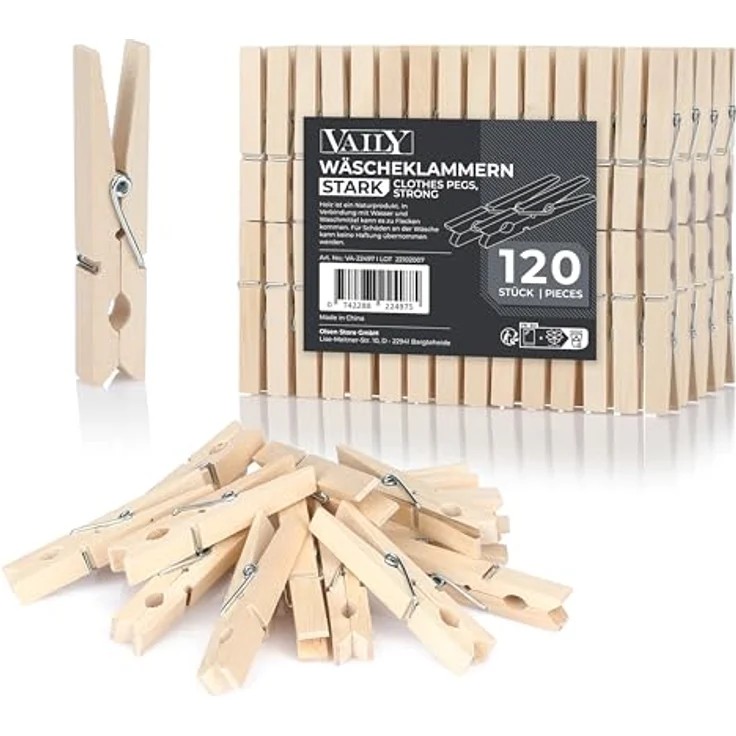 Vaily Wäscheklammern aus Holz, 120 Stück, mit kräftiger Metallfeder, wetterfest und biologisch abbaubar, für Wäscheleine, Wäscheständer, Basteln und Dekoration – Bild 1