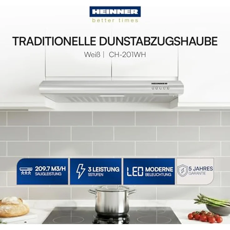 HEINNER CH-201WH Dunstabzugshaube, 60 cm Edelstahl, 209,7 m³/h Absaugung, 3-Gang-Steuerung, LED-Licht, Aluminiumfilter, Weiß, 5 Jahre Garantie – Bild 2