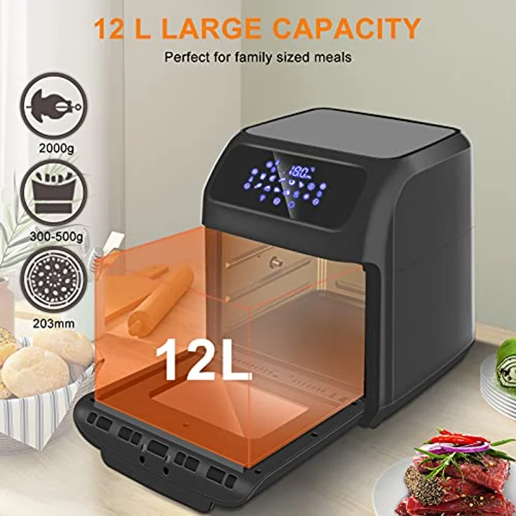 LLIVEKIT Heißluftfritteuse Heißluft-Backofen 12L, Mini-Backofen 1800W mit 6 Zubehör & Rezeptbuch, 12 in 1 Heissluftfritteuse mit digitalen LED-Display, Obst Dehydrator, Barbecue, Air Fryer ohne Öl – Bild 4