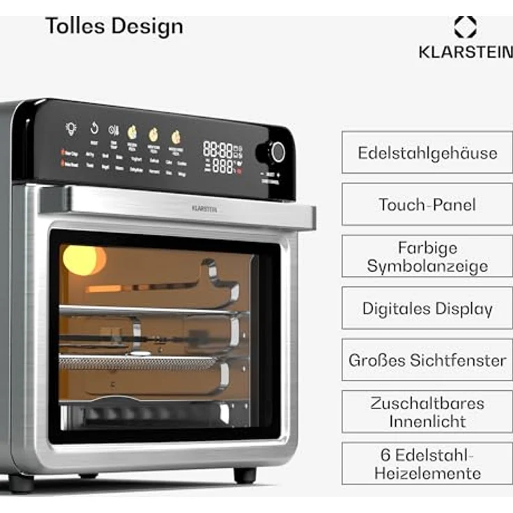Klarstein AirGlaze Digital Colour Heißluftfritteuse – 34 L, 2200 W, 19 Programme, Drehspieß, Touch Display, 40-350 °C, Pizzastein & Grillroste, Edelstahl, Doppelt Verglaste Tür, Schwarz – Bild 4