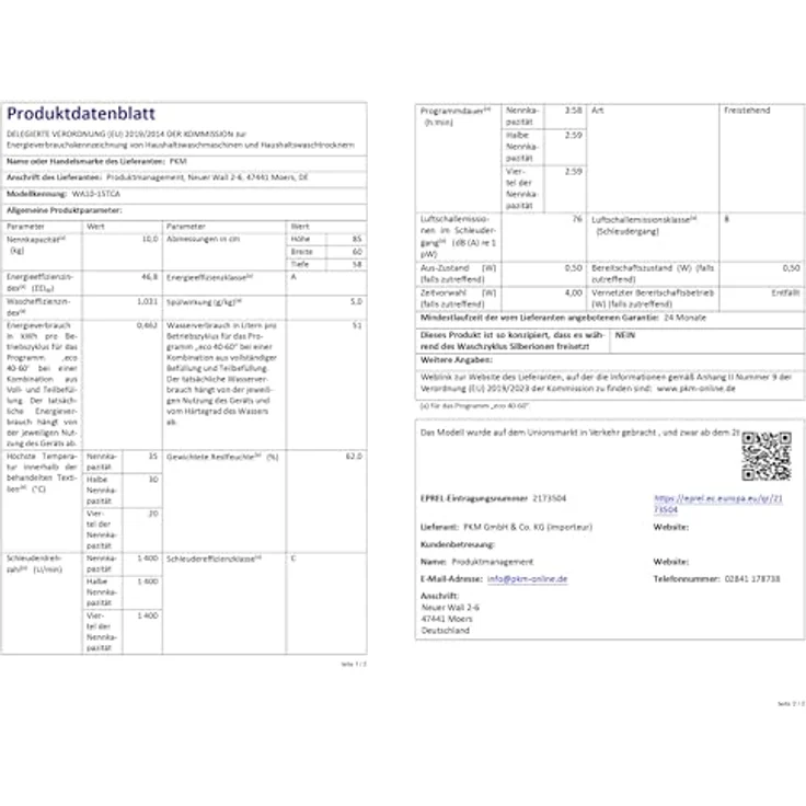 PKM WA10-15TCA Waschvollautomat 1400 UpM, Energieeffizienzklasse A, 10 kg Fassungsvermögen, weiß/schwarz – Bild 6