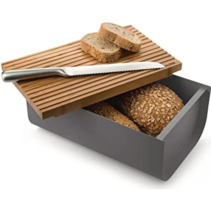 Alessi Mattina BG03 DG - Design Brotkasten, aus Farbigem Stahl mit Epoxidharz mit Bambusholz-Schneidebrett,Grau Dunkel – Bild 3
