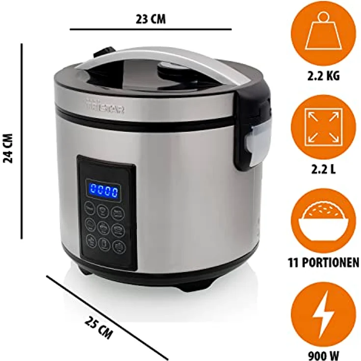 Tristar RK-6138, Reiskocher 2,2 L, 900 W, LCD-Display, Edelstahl – Bild 3