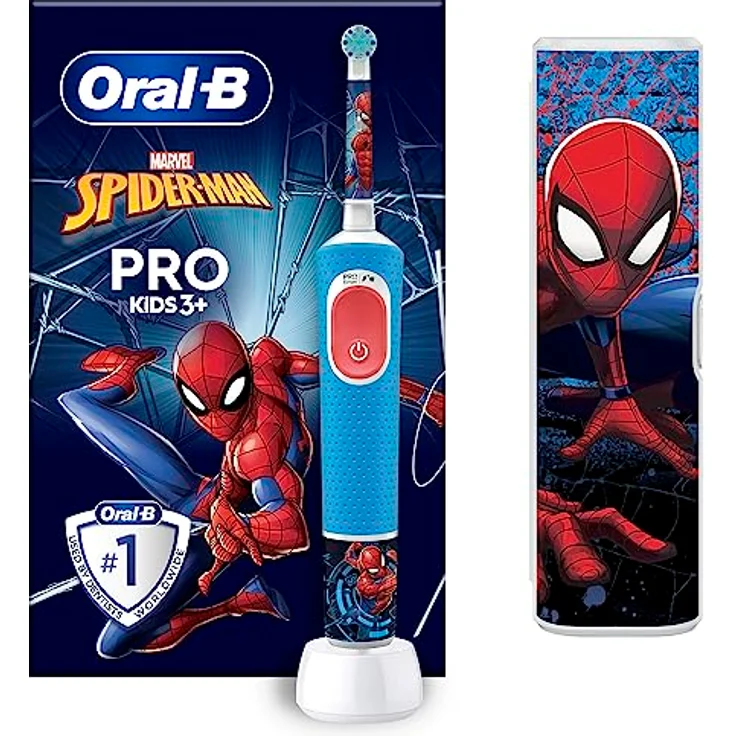 Oral-B Kids Pro 103 Spiderman Elektrische Zahnbürste/Electric Toothbrush für Kinder ab 3 Jahren, 2 Putzmodi für Zahnpflege, Reiseetui, extra weiche Borsten, 4 Sticker, blau (Design kann variieren) – Bild 1