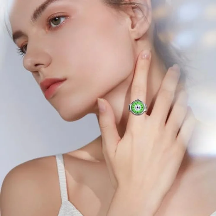 JewelryWe Ringuhr Damen, Elastische Analog Quarz Fingerringuhr mit grünem Zifferblatt und Legierungsband, 10m wasserdicht – Bild 5