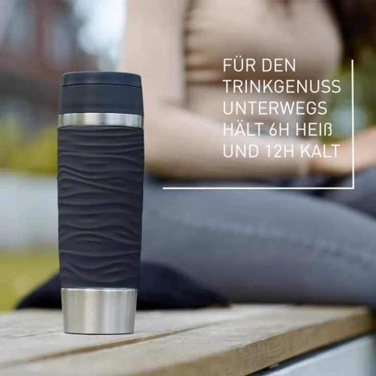 Emsa N20225 Travel Mug Wave Isolierbecher 0,5 Liter | neuer Komfort-Schraubverschluss | Edelstahl | 6h heiß und 12h kalt | 100% dicht | spülmaschinenfest | 360°-Trinköffnung | Schwarz – Bild 5