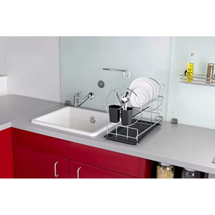 WENKO Geschirrabtropfer Premium Duo, Geschirr Abtropfständer für die Küche, Abtropfgestell mit Besteckkasten und Tellerständer, 52 x 36 x 24 cm, Silber-Schwarz – Bild 10