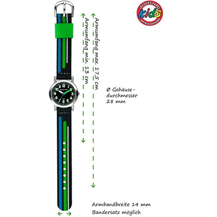JACQUES FAREL Kinder-Armbanduhr Jungen Analog Quarz mit Stoffband Textilband Schwarz Blau Grün KPS 403, IPS-beschichtetes Metallgehäuse, deutliches Zifferblatt, Original japanisches Quartzwerk – Bild 4