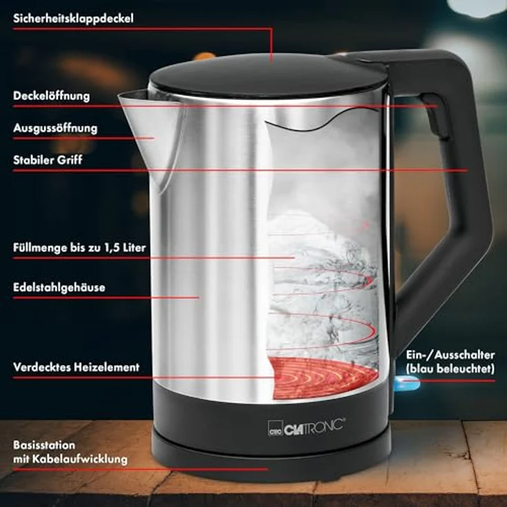 Clatronic WKS 3692 Wasserkocher 1,5 L, verdecktes Edelstahlheizelement, automatische Abschaltung, Basisstation mit Kabelaufwicklung, 2200 W, Schwarz - Edelstahl – Bild 5