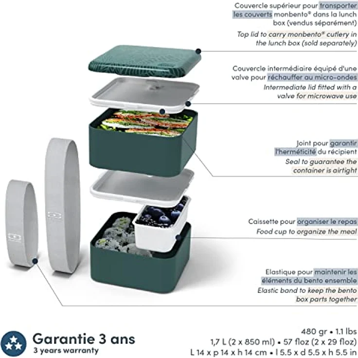 Monbento Large Bento Box MB Square Jungle with Compartments Made in France - Leakproof Lunch Box for Work/Sch, Lunchbox – Bild 4