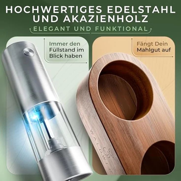 Waldwerk Elektrische Salz-/Pfeffermühle 2er Set mit Akazienholzhalterung, 300 mAh Akku, präzises Keramikmahlwerk, kabellos – Bild 3