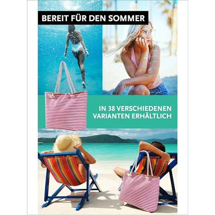 DonDon Strandtasche XXL, gestreifte Shopper Tasche für Damen mit Reißverschluss, praktische Badetasche und Umhängetasche in Beere Weiß, 58 x 38 x 18 cm – Bild 5