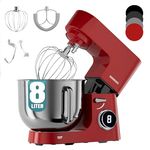 Heinrichs Küchenmaschine, 2500W Knetmaschine mit 8L Edelstahlschüssel, Doppel-Knethaken, Rührhaken, Schneebesen, 8 Geschwindigkeiten, geräuscharm, Robinrot