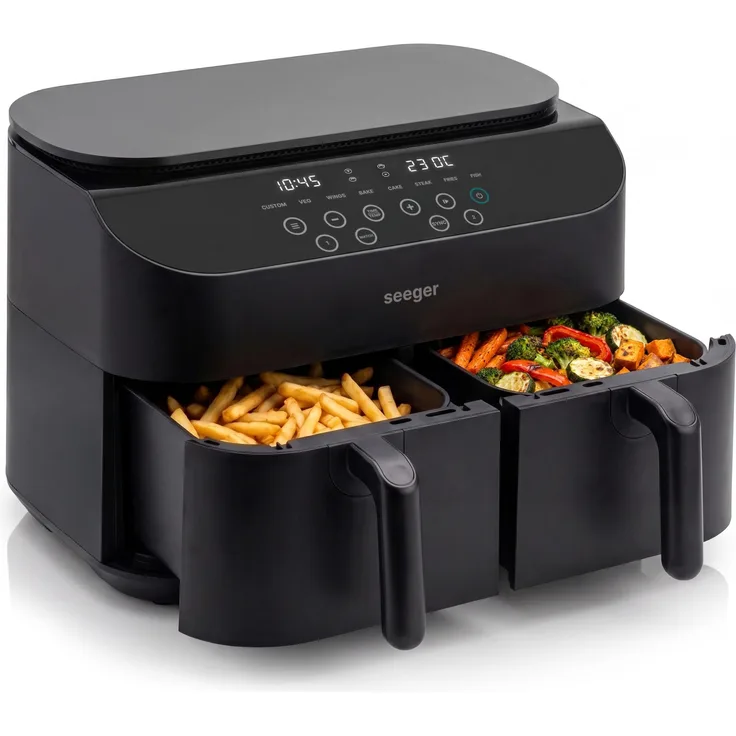 Seeger TwoFry, Heißluftfritteuse mit 10L, 2 Kammern, 8 Programmen, Digitalem Display, PFAS-Frei, Sync und Match