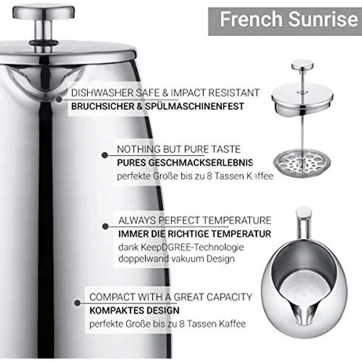 Pressfilterkanne Edelstahl Kaffeekanne French-Press 1L Kaffeebereiter 720°DGREE – Bild 2