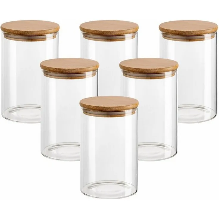 gouveo Vorratsglas aus Borosilikatglas rund mit Bambus-Deckel - Aufbewahrungsgläser, 6-tlg., 250 ml