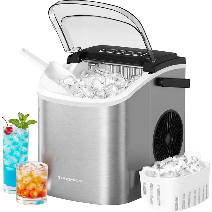SONGMICS Eiswürfelmaschine, tragbar mit Selbstreinigung, 2 Würfelgrößen, silbern, für Küche, Camping und Party