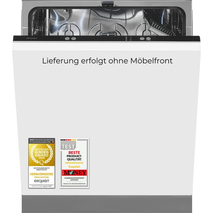 Exquisit EGSP1014-E-450D, 60 cm Einbau-Geschirrspüler mit 14 Maßgedecken, Energieklasse D, 49 dB, 11,9 l Eco, 6 Programme, Aquastop, Startzeitvorwahl, höhenverstellbar, schwarz