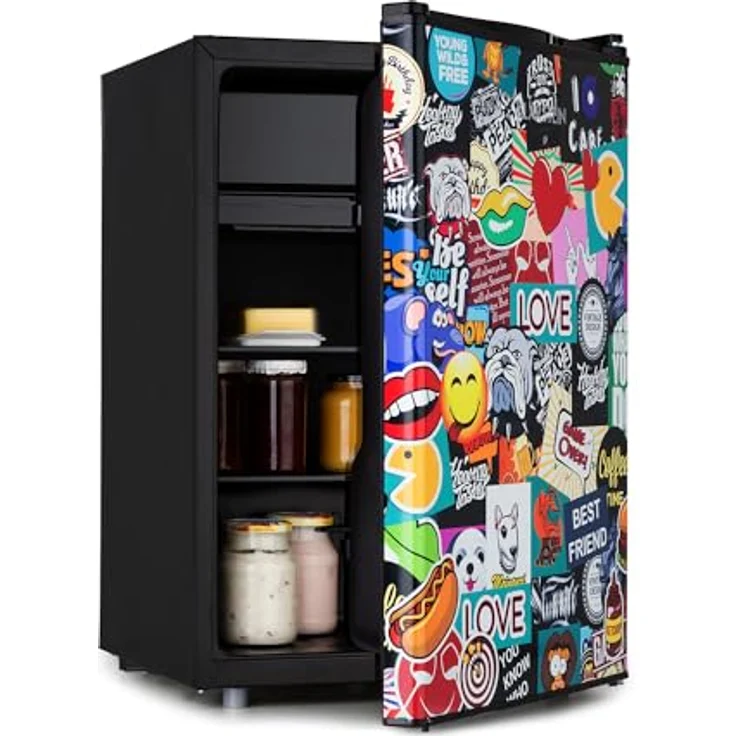 Klarstein Cool Vibe Kühlschrank, 70 Liter, Tür mit Stickerbomb-Design, Eisfach, Geräuschentwicklung 42 dB, schwarz – Bild 1