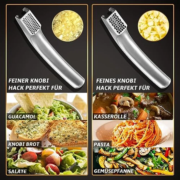Knoblauchpresse Edelstahl Set mit 2 Aufsätzen | Knoblauch Presse für Knoblauchpaste & Stücke | Garlic Press für Knoblauch & Ingwer (kein Schälen notwendig) | Spülmaschinenfest 5 Jahren Garantie – Bild 2