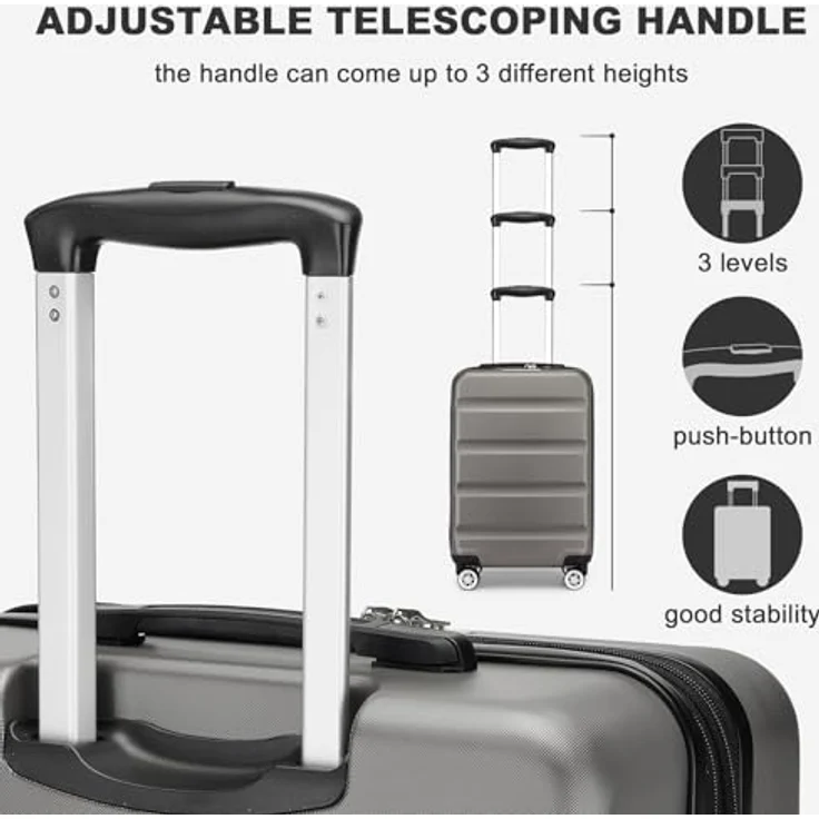 KONO Koffer Trolley Handgepäck 55x35x22cm, leichter Hartschalenkoffer mit TSA-Schloss und doppelten Spinnrollen, Grau – Bild 4