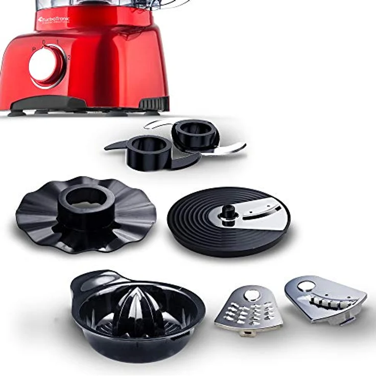 TurboTronic FP800 Küchenmaschine, 800 W mit 1,2 L BPA-freiem Behälter, Zerkleinerer, Zitruspresse, Mixer, multifunktional, schwarz-rot, 13-teiliges Zubehörset – Bild 5