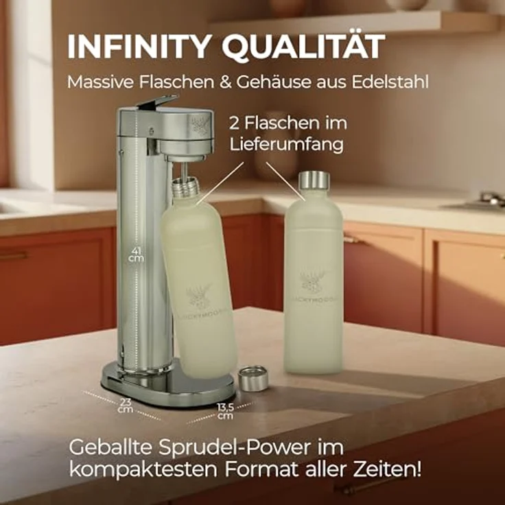 Luckymoose Infinity-S Wassersprudler aus Edelstahl (Silver/Sand) – 2x 1,25L spülmaschinengeeignete Edelstahlflaschen – herausnehmbare Düse, CO2-Regulierung – Bild 2