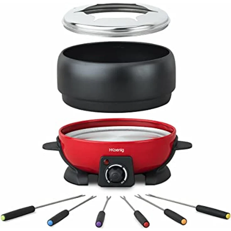 H.Koenig ALP1800 elektrisches Fondue Set - 6 Personen - 6 Fonduegabeln - Temperatur 25°C bis 190°C - 2 L - Antihaftbeschichtung - 800 W - rot-schwarz – Bild 3