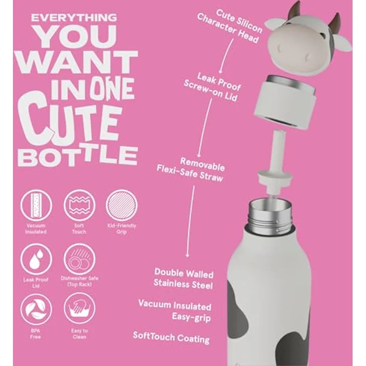 ASOBU Bestie Kindertrinkflasche mit Strohhalm, isolierte Edelstahlflasche 420ml mit Kuhkopf, auslaufsicher & BPA-frei – Bild 3