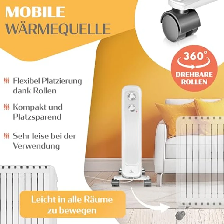 KESSER® Ölradiator 2500W, energiesparend mit Thermostat und 3 Heizstufen, ölgefüllt, Schutzgehäuse, 360° Rollen, elektrisch, Weiß – Bild 4