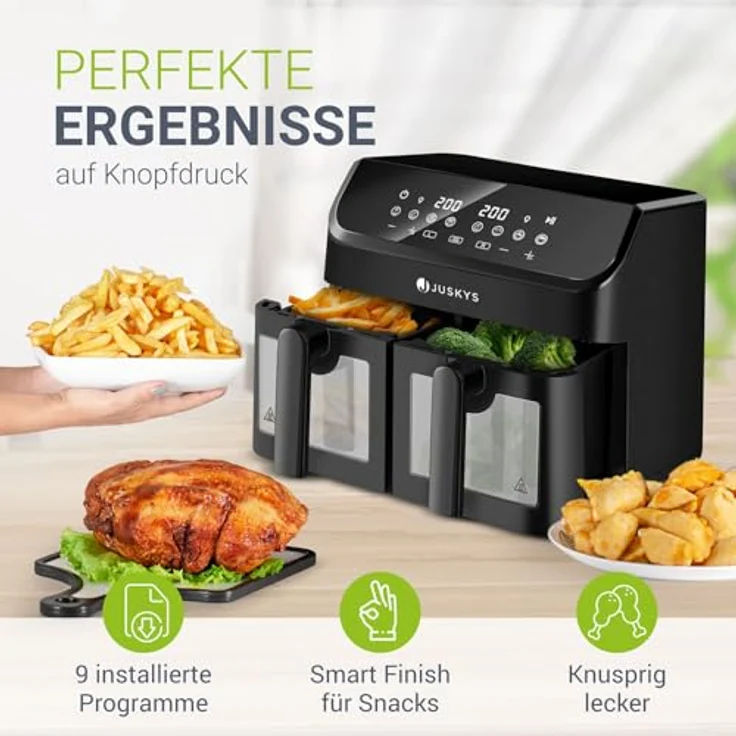 Juskys Heißluftfritteuse 9 L Doppelkammer - XXL Fritteuse mit 2 Körben, 9 Programme, Smart Finish, teflonbeschichtet - weiß – Bild 5
