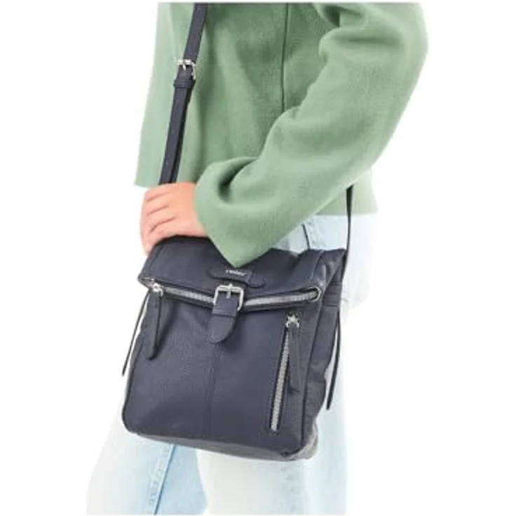 Rieker Umhängetasche, Damen-Handtasche aus Lederimitat, dunkelblau, mit Überschlag und Schnallenverschluss, verstellbarem Schulterriemen und Reißverschluss-Fronttasche – Bild 5