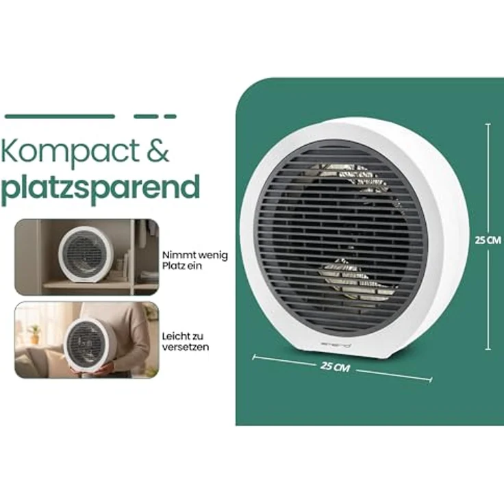 Emerio Heizlüfter FH-109947, 2000W für Räume bis 15 m², 2 Heizstufen, einstellbarer Thermostat, Ventilatorfunktion, Kippschutz – Bild 5