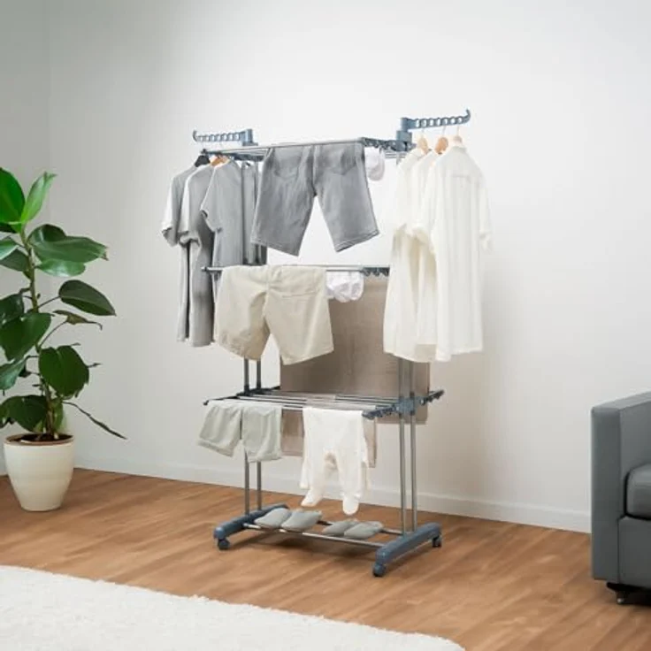 InnovaGoods Vertikaler klappbarer Wäscheständer Dolver, 24 Stangen, tragbar mit 4 drehbaren Rädern und 3 Höhenstufen – Bild 5