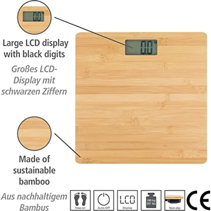 WENKO Personenwaage Bambusa, digitale Holzwaage aus echtem Bambus, mit LCD-Display, Körperwaage für ein warmes Fußgefühl, Personenwaage bis zu 180 kg, Waage inkl. Batterien, 30 x 2,7 x 30 cm, Natur – Bild 2