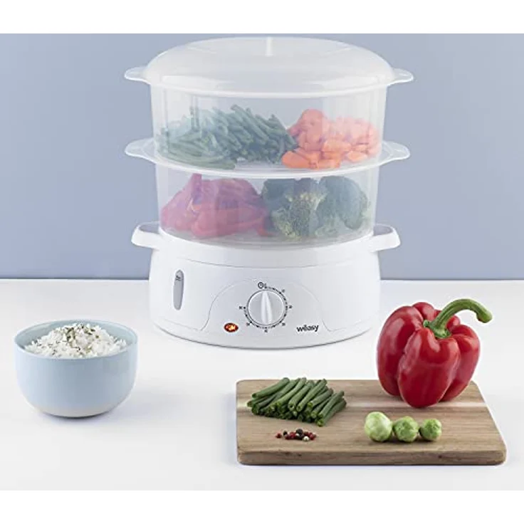 Wëasy Elektrischer Dampfgarer VEGE8 Multifunktions 9 l kompakt, 3 stapelbare Schalen zum Kochen von Eiern, Gemüse, Fleisch, Fisch, Rizkocher, Timer 60 Minuten, Vitaminaufbewahrung – Bild 6